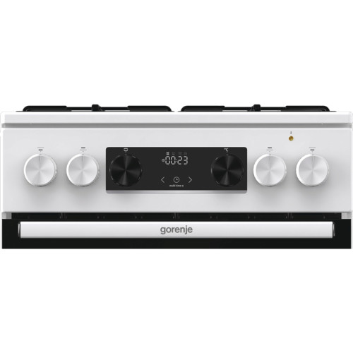 Комбинированная плита Gorenje, Эмаль SilverMatte, объем духовки 62 л, механическое управление, сенсорный программатор IconLED, многоуровневое приготовление, электроподжиг, рельефные направляющие, 2 стекла+термослой, энергоэффективность А, цвет белый