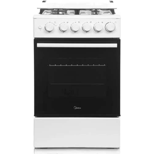 Газовая плита Midea, отдельностоящая, газовая варочная панель, 4 конфорки, автоподжиг, газконтроль, механический таймер (50 мин), объем дух. шкафа 59 л, цвет белый