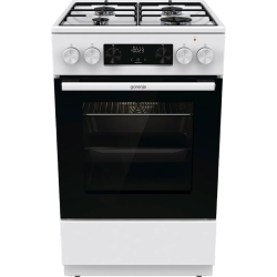 Комбинированная плита Gorenje, Эмаль SilverMatte, объем духовки 62 л, механическое управление, сенсорный программатор IconLED, многоуровневое приготовление, электроподжиг, рельефные направляющие, 2 стекла+термослой, энергоэффективность А, цвет белый