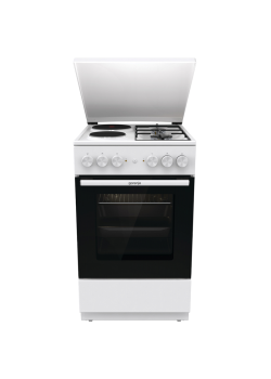 Комбинированная плита Gorenje, полезный объем 68 л, очистка паром AquaClean, сводчатая форма духовки, механическое управление, электроподжиг, цвет белый