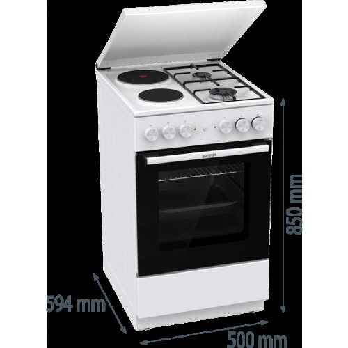 Комбинированная плита Gorenje, полезный объем 68 л, очистка паром AquaClean, сводчатая форма духовки, механическое управление, электроподжиг, цвет белый