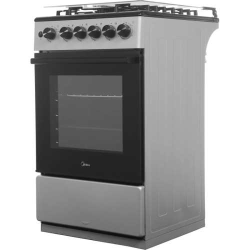 Газовая плита Midea, отдельностоящая, газовая варочная панель, 4 конфорки, автоподжиг, газконтроль, механический таймер (50 мин), объем дух. шкафа 59 л, цвет серый