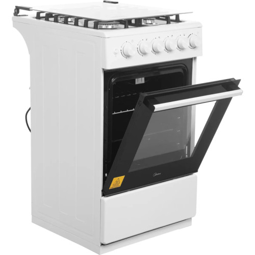 Газовая плита Midea, отдельностоящая, газовая варочная панель, 4 конфорки, автоподжиг, газконтроль, механический таймер (50 мин), объем дух. шкафа 59 л, цвет белый