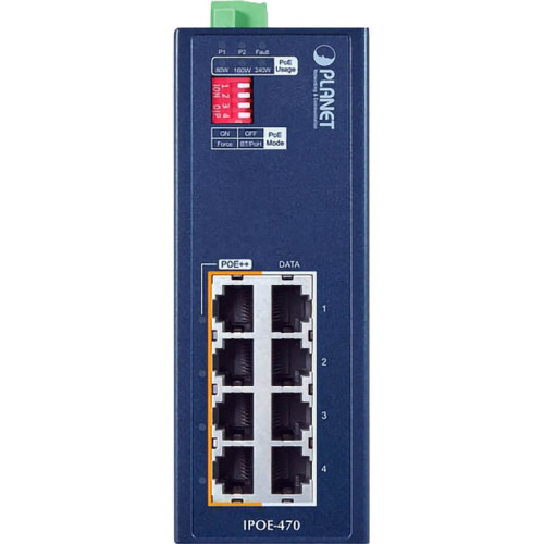 Инжектор/ PLANET IPOE-470 IP30 Industrial 4-port 10/100/1000T 95W 802.3bt PoE++ Injector Hub (240 Watts PoE budget, PoE Usage LED, BT&PoH/Force DIP switch, -40~75 degrees C, dual 48V~54V DC)
