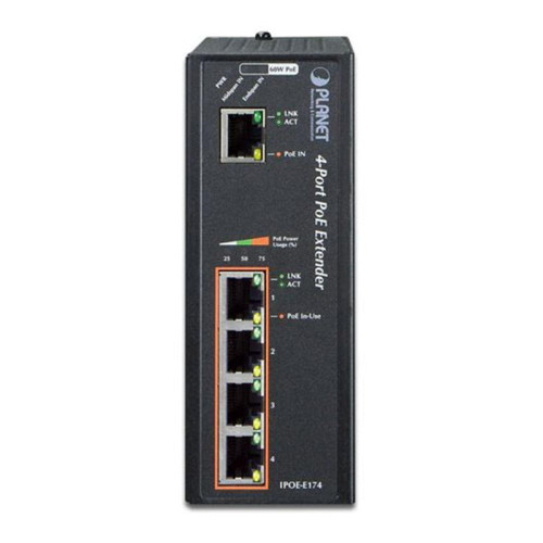 IPOE-E174 индустриальный PoE экстендер/ IP30 Industrial 1-Port 60W Ultra POE to 4-Port 802.3af/at Gigabit POE Extender (-40 to 75 C)