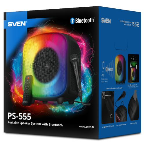 АС SVEN PS-555, черный, акустическая система (65 Вт, TWS, Bluetooth, USB, microSD, пульт, 4000мА*ч)