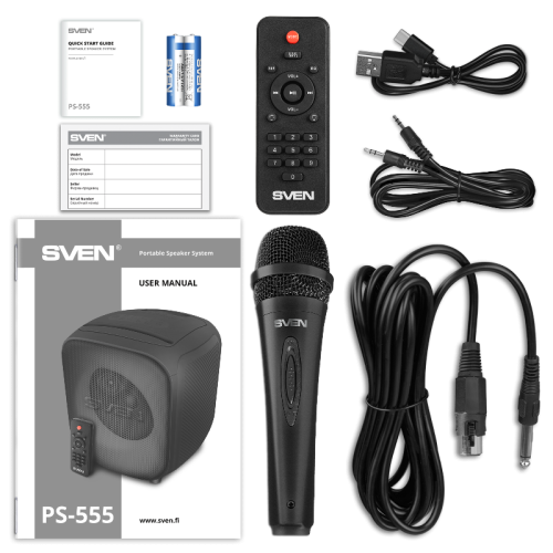 АС SVEN PS-555, черный, акустическая система (65 Вт, TWS, Bluetooth, USB, microSD, пульт, 4000мА*ч)