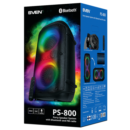 АС SVEN PS-800, черный, акустическая система  (100 Вт, TWS, Bluetooth, FM, USB, microSD, LED-дисплей, 4400мА*ч)