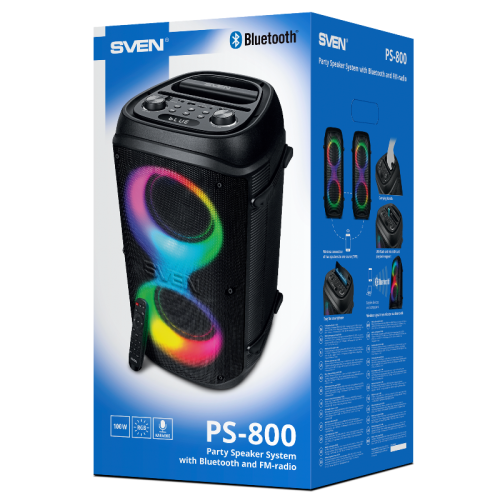 АС SVEN PS-800, черный, акустическая система  (100 Вт, TWS, Bluetooth, FM, USB, microSD, LED-дисплей, 4400мА*ч)