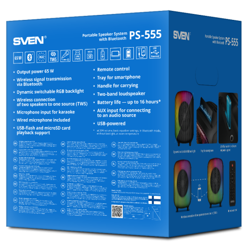 АС SVEN PS-555, черный, акустическая система (65 Вт, TWS, Bluetooth, USB, microSD, пульт, 4000мА*ч)