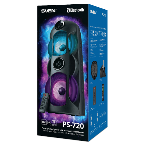 АС SVEN PS-720, черный, акустическая система (80 Вт, TWS, Bluetooth, FM, USB, microSD, LED-дисплей, 4400мА*ч) АС SVEN PS-720, черный, акустическая система (80 Вт, TWS, Bluetooth, FM, USB, microSD, LED-дисплей, 4400мА*ч)