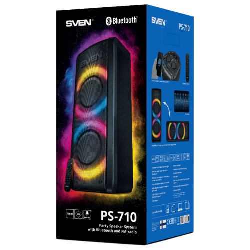 АС SVEN PS-710, черный, акустическая система (100 Вт, TWS, Bluetooth, FM, USB, microSD, LED-дисплей, 4400мА*ч)