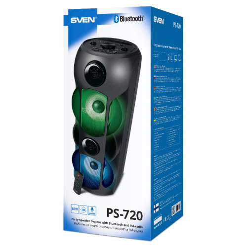 АС SVEN PS-720, черный, акустическая система (80 Вт, TWS, Bluetooth, FM, USB, microSD, LED-дисплей, 4400мА*ч) АС SVEN PS-720, черный, акустическая система (80 Вт, TWS, Bluetooth, FM, USB, microSD, LED-дисплей, 4400мА*ч)