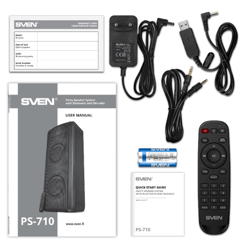 АС SVEN PS-710, черный, акустическая система (100 Вт, TWS, Bluetooth, FM, USB, microSD, LED-дисплей, 4400мА*ч)