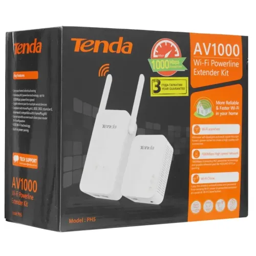Набор PowerLine адаптеров/ Tenda PH5 Набор PowerLine адаптеров, 1000 Мбит/с, в комплекте - 2 шт (P3, PA6), Wi-Fi 2.4 ГГц 300 Мбит/с