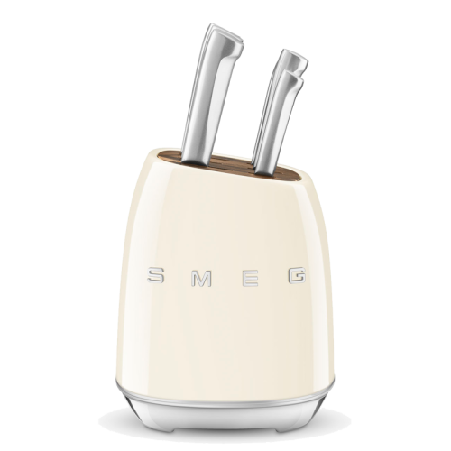 Комплект ножей SMEG, нож для овощей, нож универсальный, нож для мяса, нож сантоку, нож для хлеба, шеф-нож, подставка, цвет кремовый