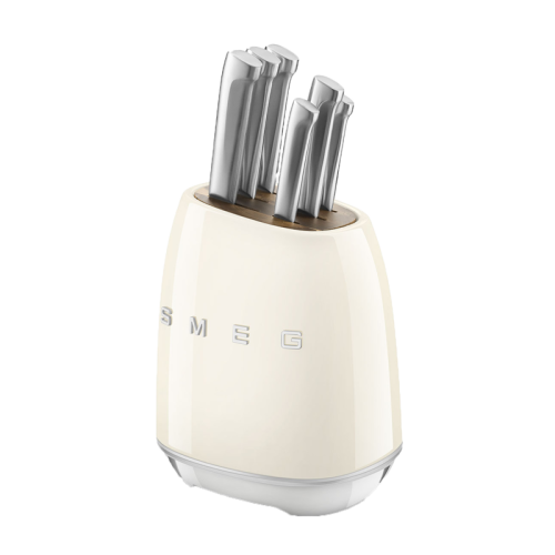 Комплект ножей SMEG, нож для овощей, нож универсальный, нож для мяса, нож сантоку, нож для хлеба, шеф-нож, подставка, цвет кремовый