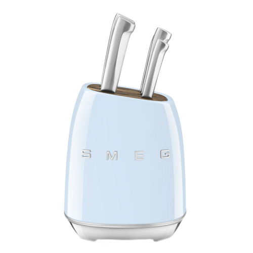 Комплект ножей SMEG, нож для овощей, нож универсальный, нож для мяса, нож сантоку, нож для хлеба, шеф-нож, подставка, цвет пастельный голубой