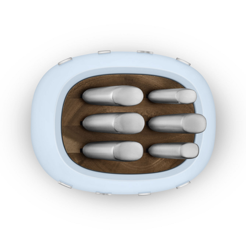 Комплект ножей SMEG, нож для овощей, нож универсальный, нож для мяса, нож сантоку, нож для хлеба, шеф-нож, подставка, цвет пастельный голубой
