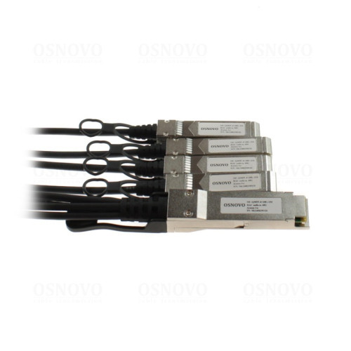 Кабель/ OSNOVO  Объединительный DAC кабель QSFP+ 40G для 4х10G. Скорость: 40 Гбит/c. Тип разъема: QSFP+/SFP+. Длина кабеля 1м. Размеры коннектора (ШхВхГ): 11x9x101мм.
