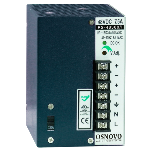 OSNOVO Промышленный блок питания. DC48V, 7,5A (360W). Диапазон входных напряжений: AC195-265V.