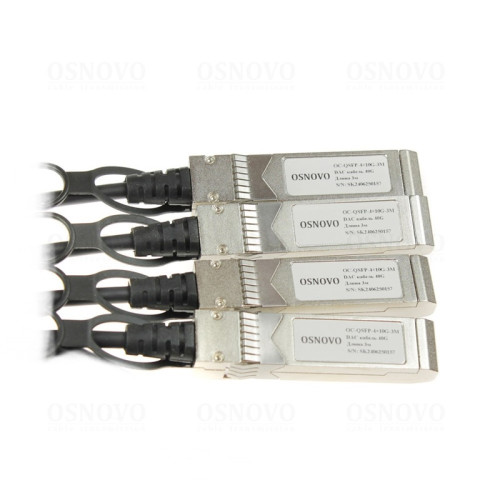 Кабель/ OSNOVO  Объединительный DAC кабель QSFP+ 40G для 4х10G. Скорость: 40 Гбит/c. Тип разъема: QSFP+/SFP+. Длина кабеля 3м. Размеры коннектора (ШхВхГ): 11x9x101мм.