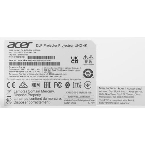 Проектор Acer H6815BD DLP 4000Lm LS (3840x2160) 10000:1 ресурс лампы:5000часов 2xHDMI 2.88кг