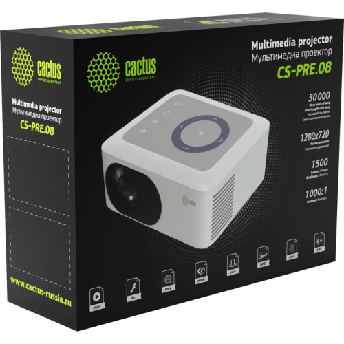 Проектор Cactus CS-PRE.08WT.WXGA LCD 1500Lm LS 150Lm ANSI (1280x720) 1000:1 ресурс лампы:30000часов 1xUSB typeA 1xHDMI 0.5кг