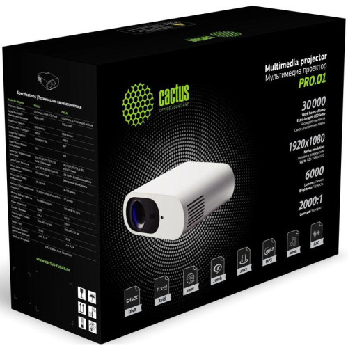 Проектор Cactus CS-PRO.01WT.Full HD LCD 6000Lm LS 500Lm ANSI (1920x1080) 2000:1 ресурс лампы:30000часов 1xUSB typeA 1xHDMI 2.55кг Проектор Cactus CS-PRO.01WT.Full HD LCD 6000Lm LS 500Lm ANSI (1920x1080) 2000:1 ресурс лампы:30000часов 1xUSB typeA 1xHDMI 2.55кг