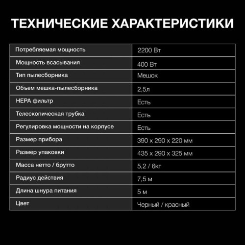 Пылесос/ Пылесос Hyundai HYV-B4995 2220Вт черный/красный (в компл.:1мешок)