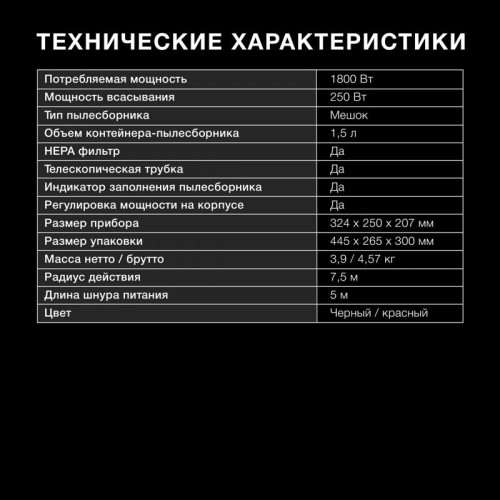 Пылесос/ Пылесос Hyundai HYV-B1570 1800Вт красный/черный (в компл.:1мешок)