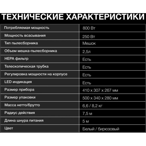 Пылесос/ Пылесос Hyundai HYV-B4050 800Вт белый/бирюзовый (в компл.:1мешок)