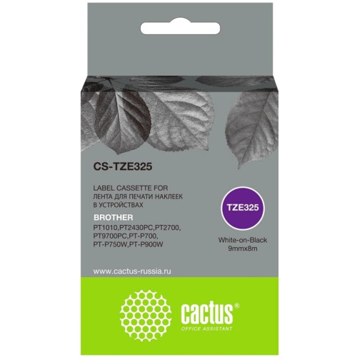 Картридж ленточный Cactus CS-TZE325 TZE-325 белый на черном 9x8 для Brother 1010/1280/1280VP/2700VP