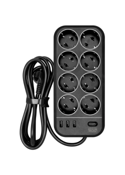 Фильтр-удлинитель PowerCom SP-08 USB03AB 1.8M, 8 розеток, черный, 16А, 4кВт, 175Дж, 3*USB, защитные шторки, защита от КЗ, перегрузки, ВЧ и импульсных помех, кабель 3x1 мм2, ШхГхВ 230х105х45 мм, вес 0.55 кг./ Surge protector PowerCom SP-08 USB03AB 1.8M, 8 