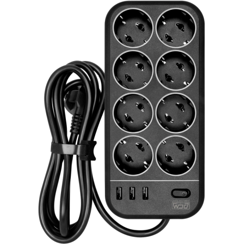 Фильтр-удлинитель PowerCom SP-08 USB03AB 1.8M, 8 розеток, черный, 16А, 4кВт, 175Дж, 3*USB, защитные шторки, защита от КЗ, перегрузки, ВЧ и импульсных помех, кабель 3x1 мм2, ШхГхВ 230х105х45 мм, вес 0.55 кг./ Surge protector PowerCom SP-08 USB03AB 1.8M, 8 