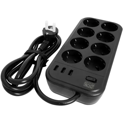 Фильтр-удлинитель PowerCom SP-08 USB03AB 1.8M, 8 розеток, черный, 16А, 4кВт, 175Дж, 3*USB, защитные шторки, защита от КЗ, перегрузки, ВЧ и импульсных помех, кабель 3x1 мм2, ШхГхВ 230х105х45 мм, вес 0.55 кг./ Surge protector PowerCom SP-08 USB03AB 1.8M, 8 Фильтр-удлинитель PowerCom SP-08 USB03AB 1.8M, 8 розеток, черный, 16А, 4кВт, 175Дж, 3*USB, защитные шторки, защита от КЗ, перегрузки, ВЧ и импульсных помех, кабель 3x1 мм2, ШхГхВ 230х105х45 мм, вес 0.55 кг./ Surge protector PowerCom SP-08 USB03AB 1.8M, 8
