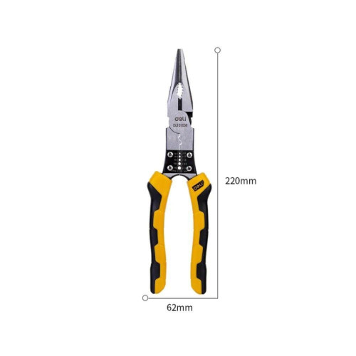 Удлиненные плоскогубцы многофункциональные Deli DL101008 220мм, (зажим/резка/зачистка/обжатие), сталь Cr-V, двухкомпонентная рукоять
