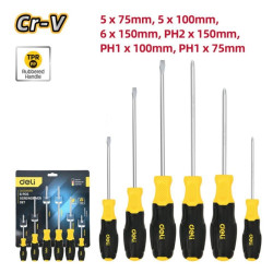 Набор отверток Deli DL630006N 6шт SL5x75 + SL5x100 + SL6x150 + PH1x75 + PH1x100 + PH2x150 сталь Cr-V, двухкомпонентная прорезиненная рукоять