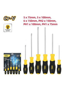 Набор отверток Deli DL630006N 6шт SL5x75 + SL5x100 + SL6x150 + PH1x75 + PH1x100 + PH2x150 сталь Cr-V, двухкомпонентная прорезиненная рукоять