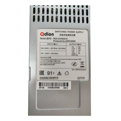 Блок питания серверный/ Server power supply Qdion Model R2A-DV0550-N-H P/N:99RADV0550I1170113 2U Redundant 550W Efficiency 91+, Cable connector: C14