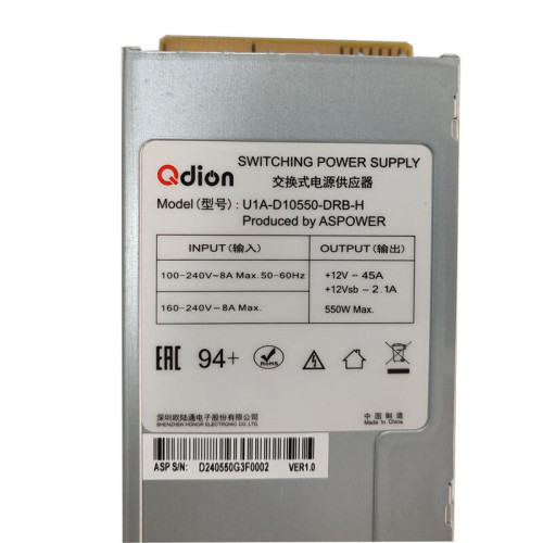 Блок питания серверный/ Server power supply Qdion Model U1A-D10550-DRB-H P/N:99MAD10550I1170122 CRPS 1U Module 550W Efficiency 80 Plus Platinum, Gold Finger (option), Cable connector: C14
