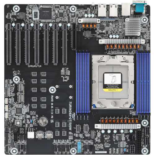 Материнская плата/ ASRock TURIND8X-2T/500W, EEB, 1x SP5 (LGA 6096) AMD EPYC™ 9005/9004, 8x DDR5 RDIMM, RDIMM-3DS, 4x PCIe5.0 / CXL2.0 x16*, 3x PCIe5.0 x16, 1x PCIe5.0 x8**, 2x MCIO** (PCIe5.0 x4 or 4 SATA 6Gb/s), 1x MCIO (PCIe5.0 x4 or 4 SATA 6Gb/s), 1x M