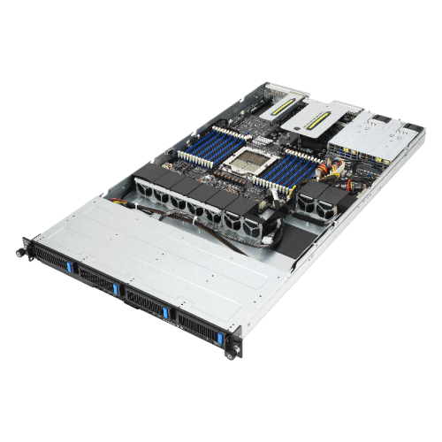 Серверная платформа/ ASUS RS501A-E12-RS4, 1U, 1x  SP5 (LGA 6096) 400W, 24x DIMM DDR5 6400/4800, 4x 3.5'' SATA/SAS, 2x M.2 SATA/NVME x4 22110, 3x PCIe x16+ 1x OCP3.0 x16, 1x 2-port 1GbE Intel I350 LAN, up to 2 single-slot GPU cards, 1+1 1600W