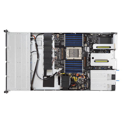 Серверная платформа/ ASUS RS501A-E12-RS4, 1U, 1x  SP5 (LGA 6096) 400W, 24x DIMM DDR5 6400/4800, 4x 3.5'' SATA/SAS, 2x M.2 SATA/NVME x4 22110, 3x PCIe x16+ 1x OCP3.0 x16, 1x 2-port 1GbE Intel I350 LAN, up to 2 single-slot GPU cards, 1+1 1600W