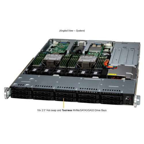 Серверная платформа/ SYS-121C-TN10R (bundle10): 1U / 2x LGA-4677 / 16x DDR5 RDIMM / 10x 2.5 NVMe/SAS*/SATA* / 2x PCIe 5.0 x16 FHHL / 2x PCIe 5.0 x4 NVMe M.2 / 1x 2-Port 1GbE RJ45 / TPM / 2x 860W Power (10 NVME config)