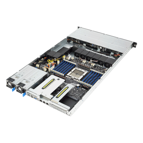 Серверная платформа/ ASUS RS501A-E12-RS4, 1U, 1x  SP5 (LGA 6096) 400W, 24x DIMM DDR5 6400/4800, 4x 3.5'' SATA/SAS, 2x M.2 SATA/NVME x4 22110, 3x PCIe x16+ 1x OCP3.0 x16, 1x 2-port 1GbE Intel I350 LAN, up to 2 single-slot GPU cards, 1+1 1600W