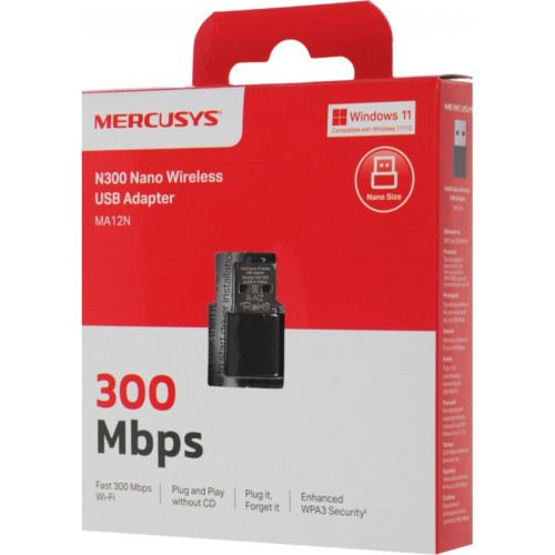 Сетевой адаптер Wi-Fi Mercusys MA12N N300 USB 2.0 (ант.внутр.) 1ант.