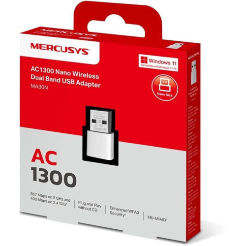 Сетевой адаптер Wi-Fi Mercusys MA30N AC1300 USB 2.0 (ант.внутр.)