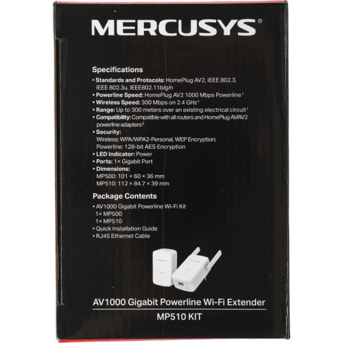 Сетевой адаптер Powerline Mercusys MP510 KIT AV1000 Gigabit Ethernet (ант.внеш.несъем.) 2ант. (упак.:2шт) Сетевой адаптер Powerline Mercusys MP510 KIT AV1000 Gigabit Ethernet (ант.внеш.несъем.) 2ант. (упак.:2шт)