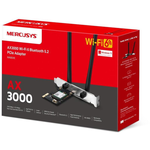 Сетевой адаптер Wi-Fi + Bluetooth Mercusys MA80XE AX3000 PCI Express (ант.внеш.несъем.) 2ант.